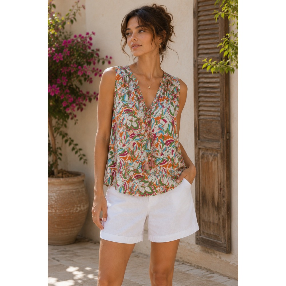 Rose & Olive Floral Paisley‎ Large Bohemian Sleeveless Tank Top Tassel Tie Front